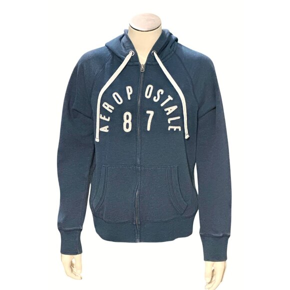 Aeropostale 87 Navy Blue Full  Zip Hoodie Drawstring Hood Front Pockets Medium - Picture 1 of 10